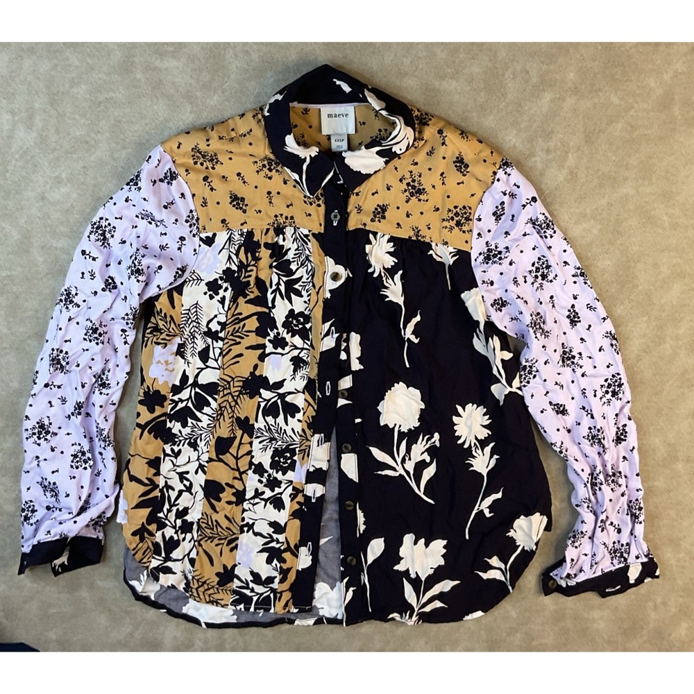 Maeve Anthropologie Shirt Women 2XSP Floral Patchwork Art Button Front Viscose